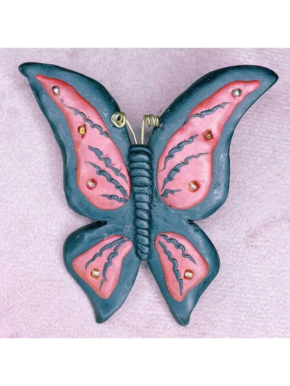 691. Terra Cotta and Black Butterfly Brooch Insect Clay